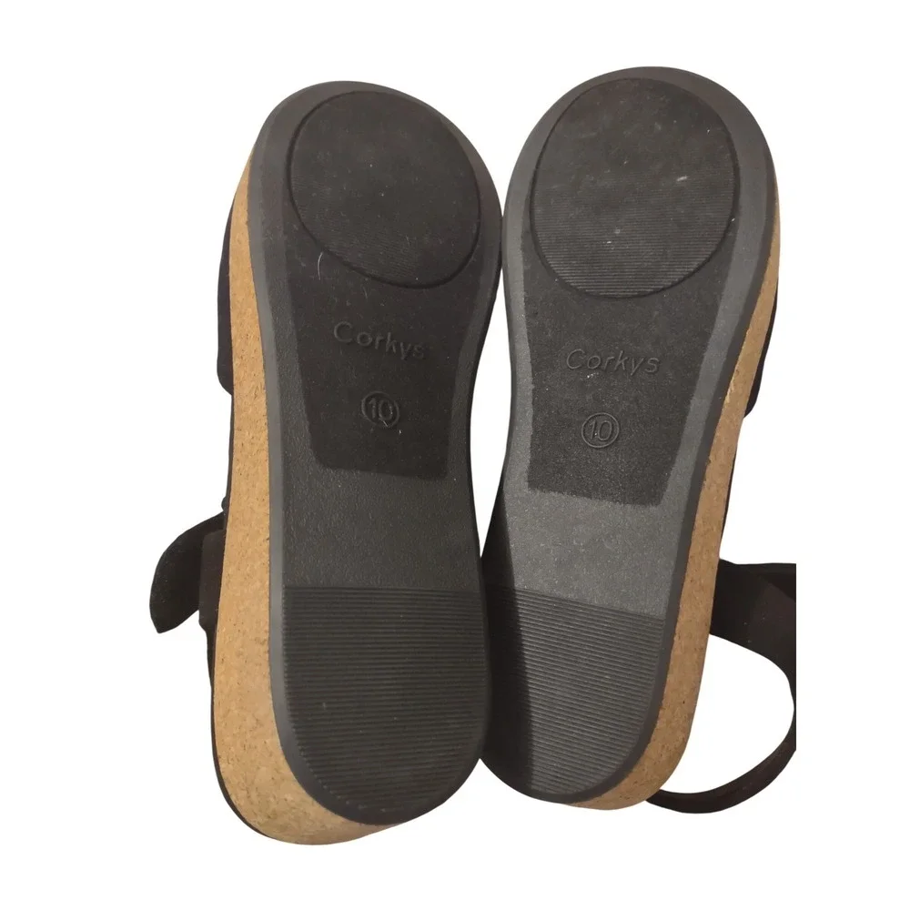 Corkys All In Black Faux Suede Cork Wedge Sandals Ankle Strap‎ Womens 10